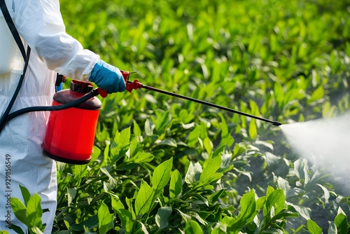 Person in protective suit sprays green plants with a red sprayer in a lush field photo