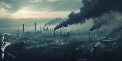 Industrial Revolution Cityscape: Smokestack Silhouettes and Factory Skyline at Dawn. Atmospheric Depiction of Early Urban Industrialization, Capturing the Essence of Progress, Labor, and Societal Tran