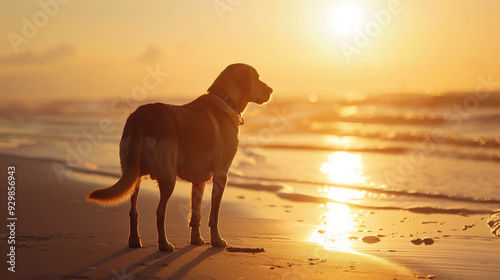 Sunrise Beach Contemplation: A Dog Embracing Golden Dawn Light and Calm Seas