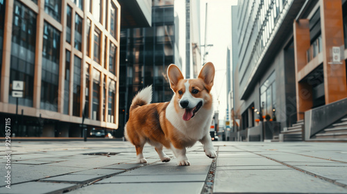 Urban Adventure: Excited Dog Exploring City Street with Modern Architecture and Lively Background