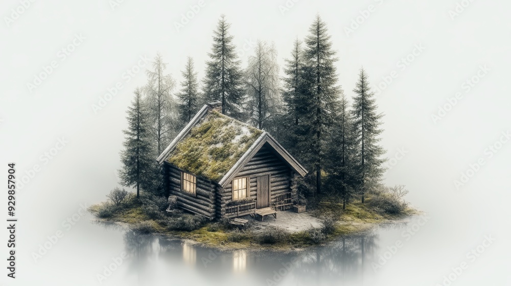 A serene cabin nestled among tall trees, reflecting in calm water, evoking tranquility and connection with nature. A serene cabin nestled among tall trees, reflecting in calm water, evoking tranquility and connection with nature.