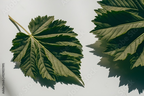 Two serrated green leaves on white surface; one with shadow, other farther with diffused shadow photo