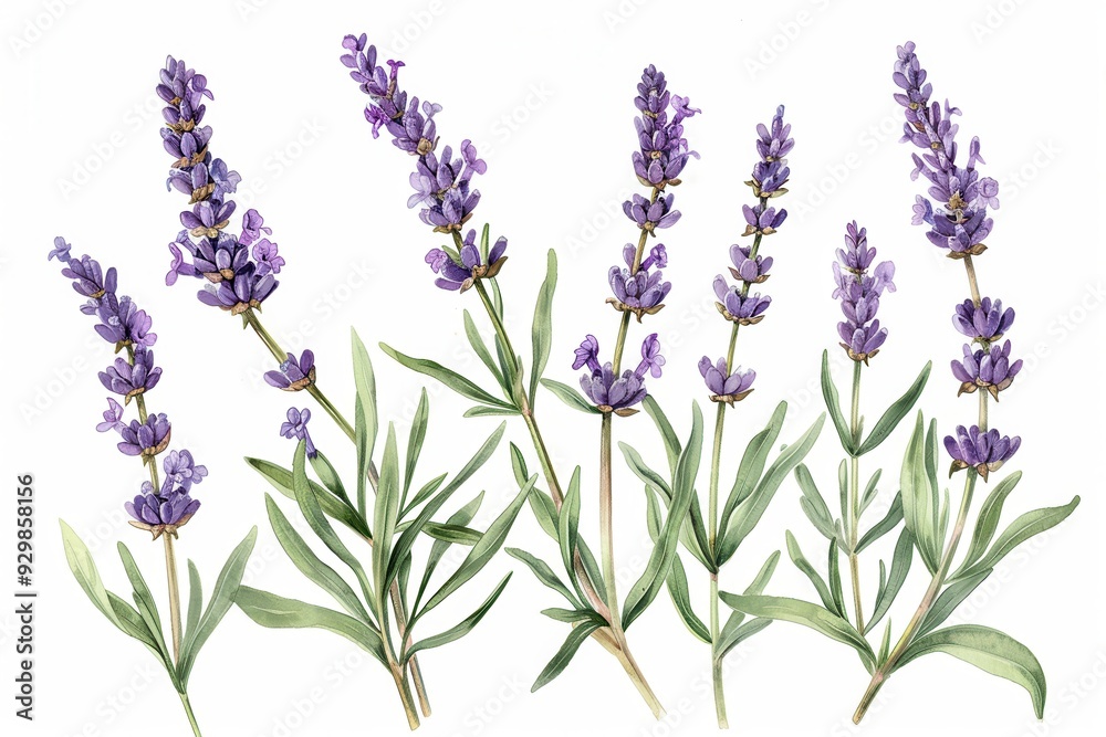 Obraz premium A botanical illustration of a lavender plant, showcasing its tall stems and small purple flowers in fine detail
