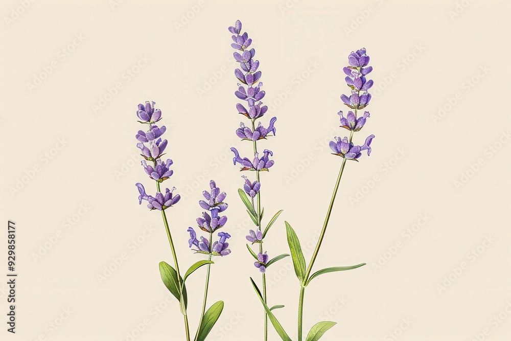 Obraz premium A botanical illustration of a lavender plant, showcasing its tall stems and small purple flowers in fine detail