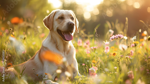 A Dog Is Leisurely Sitting and Resting In The Meadows During Spring.