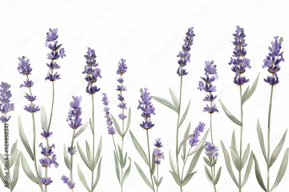 Obraz premium A botanical illustration of a lavender plant, showcasing its tall stems and small purple flowers in fine detail