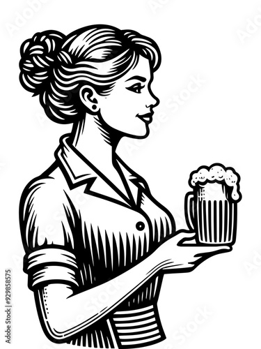Retro-style illustration of a woman holding two glasses of beer. Vector, generative ai.