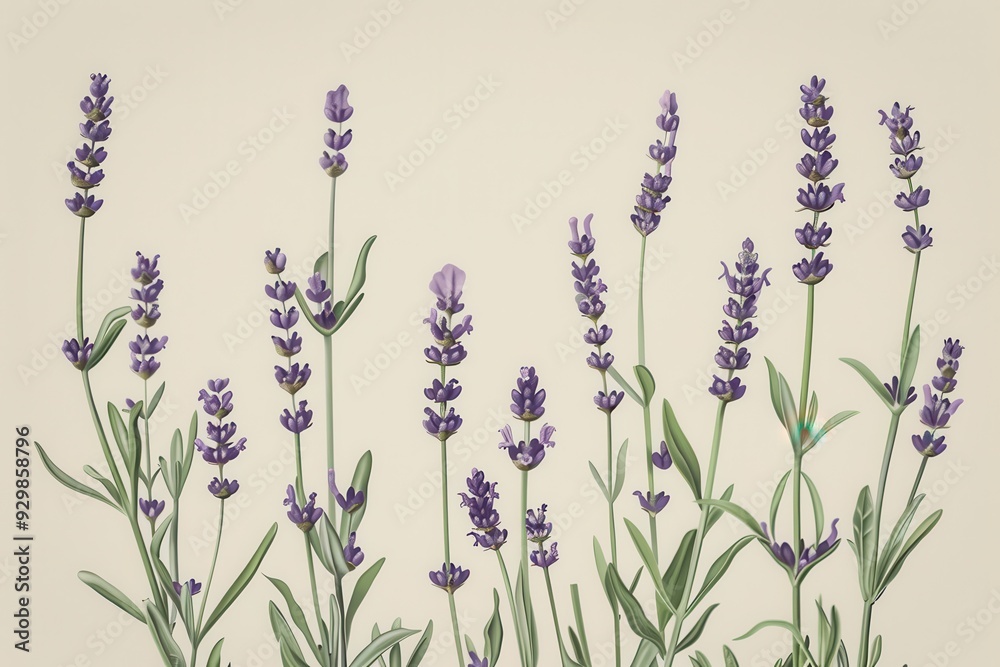 Obraz premium A botanical illustration of a lavender plant, showcasing its tall stems and small purple flowers in fine detail