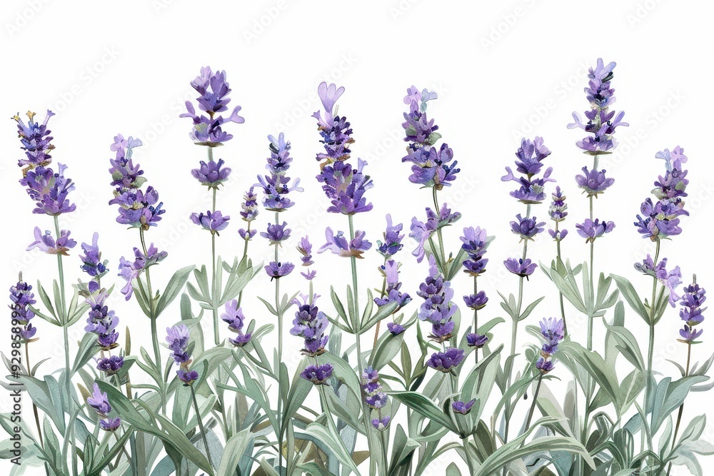 Naklejka premium A botanical illustration of a lavender plant, showcasing its tall stems and small purple flowers in fine detail