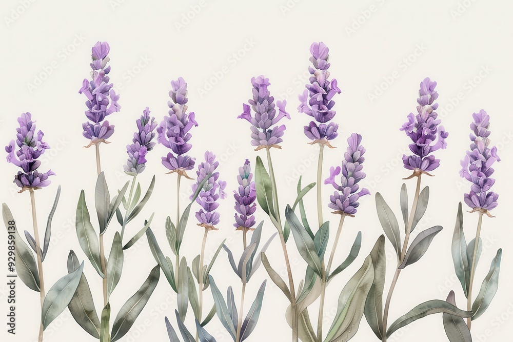Fototapeta premium A botanical illustration of a lavender plant, showcasing its tall stems and small purple flowers in fine detail