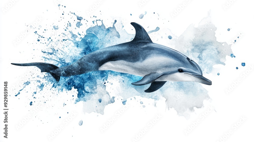 Obraz premium Elegant dolphin swimming amidst vibrant splashes of blue watercolor, symbolizing freedom and grace in the ocean environment.