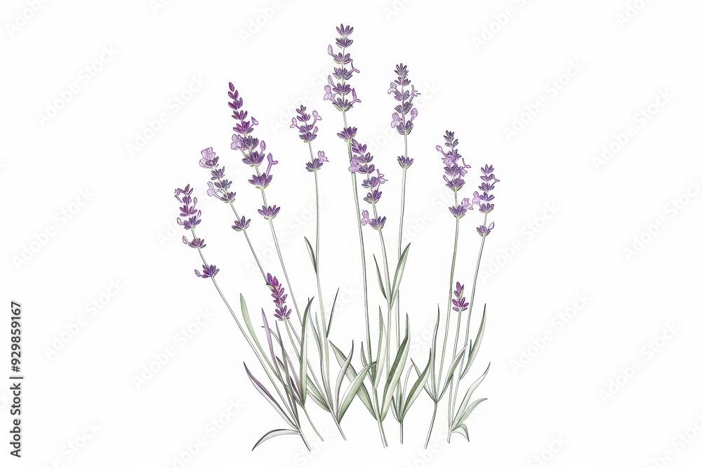 A botanical illustration of a lavender plant, showcasing its tall stems and small purple flowers in fine detail A botanical illustration of a lavender plant, showcasing its tall stems and small purple flowers in fine detail