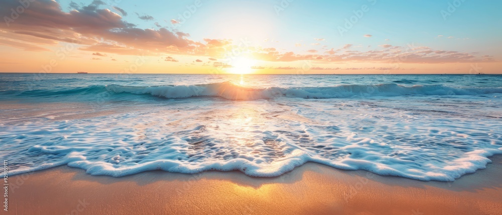 Fototapeta premium The sun sets over the ocean as a wave approaches the shore