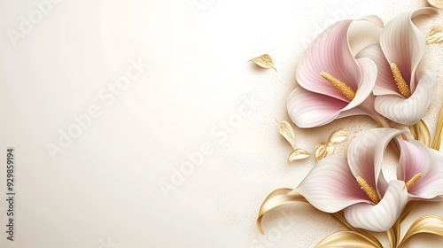 Pink and gold calla lilies with golden glitter on a cream background. Template for quotes, and greeting cards
