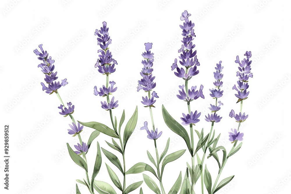 Fototapeta premium A botanical illustration of a lavender plant, showcasing its tall stems and small purple flowers in fine detail