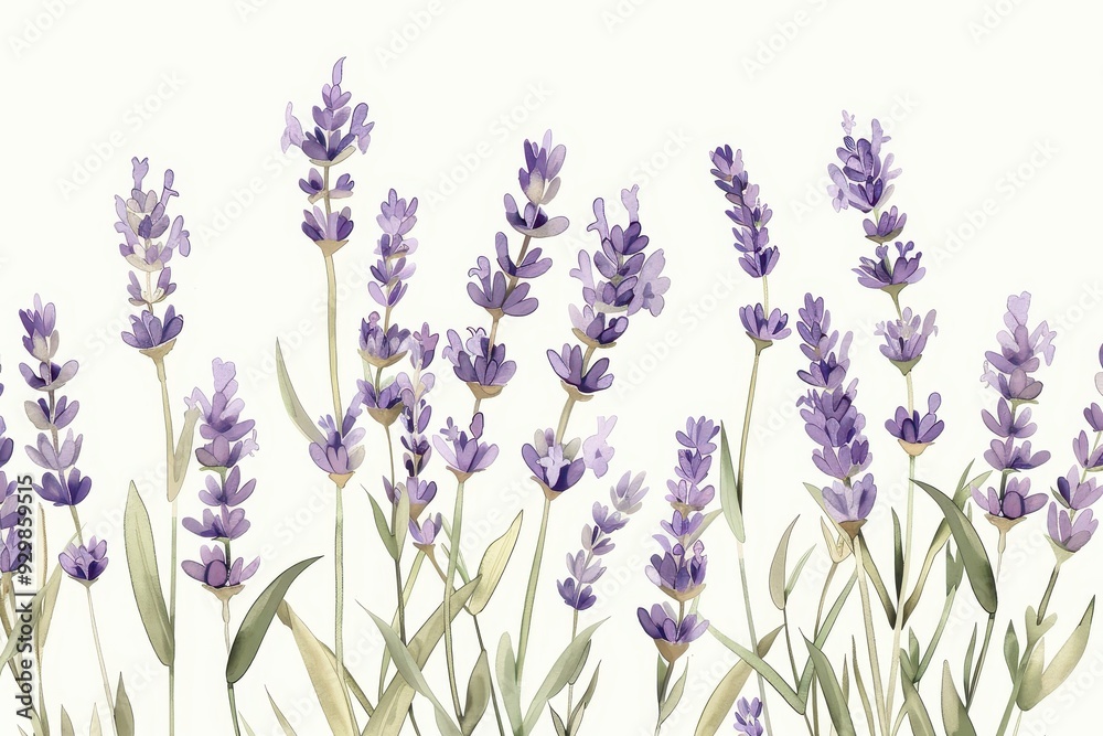 Obraz premium A botanical illustration of a lavender plant, showcasing its tall stems and small purple flowers in fine detail