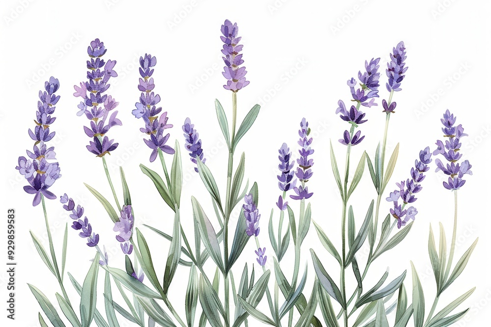 A botanical illustration of a lavender plant, showcasing its tall stems and small purple flowers in fine detail A botanical illustration of a lavender plant, showcasing its tall stems and small purple flowers in fine detail
