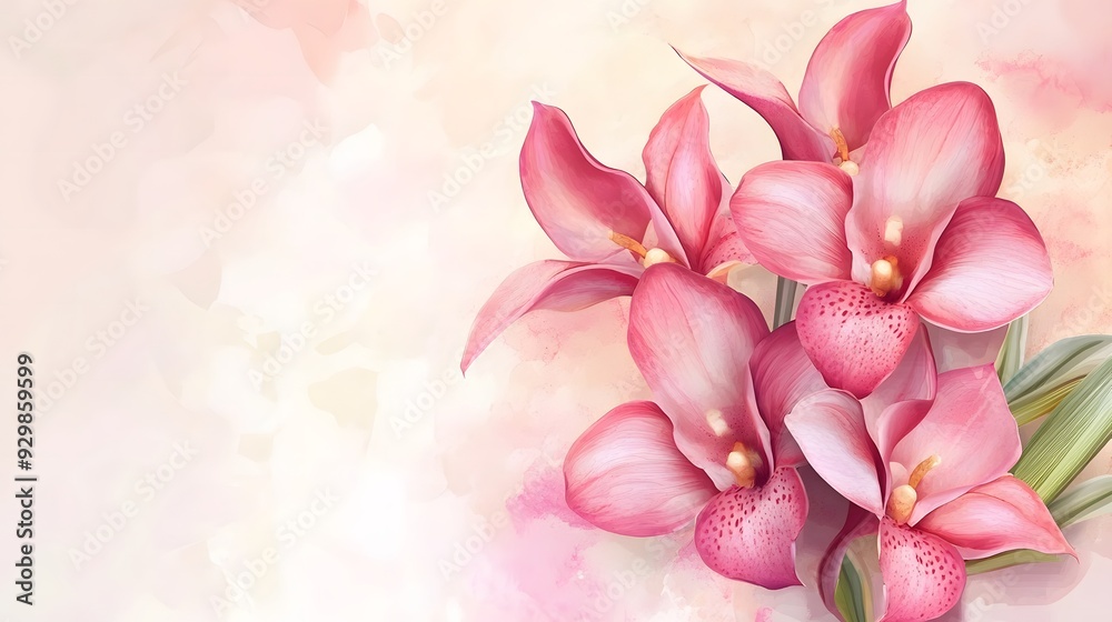 Obraz premium Pink orchid flowers on a watercolor background. Template for quotes, and greeting cards.