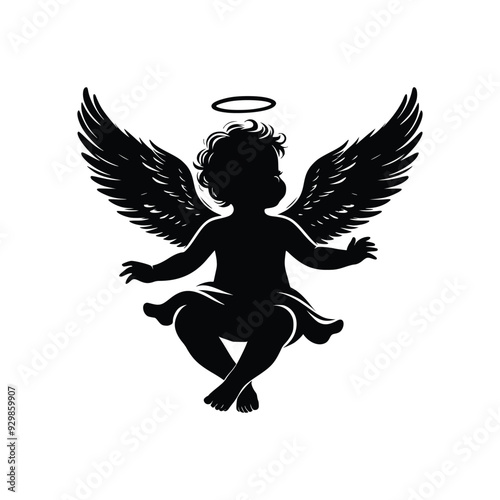 silhouette of flying baby angle black and white vector illustration