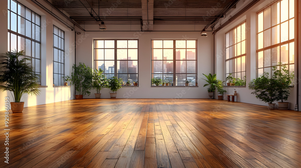 Bright, spacious interior with wooden floors and plants. Bright, spacious interior with wooden floors and plants.