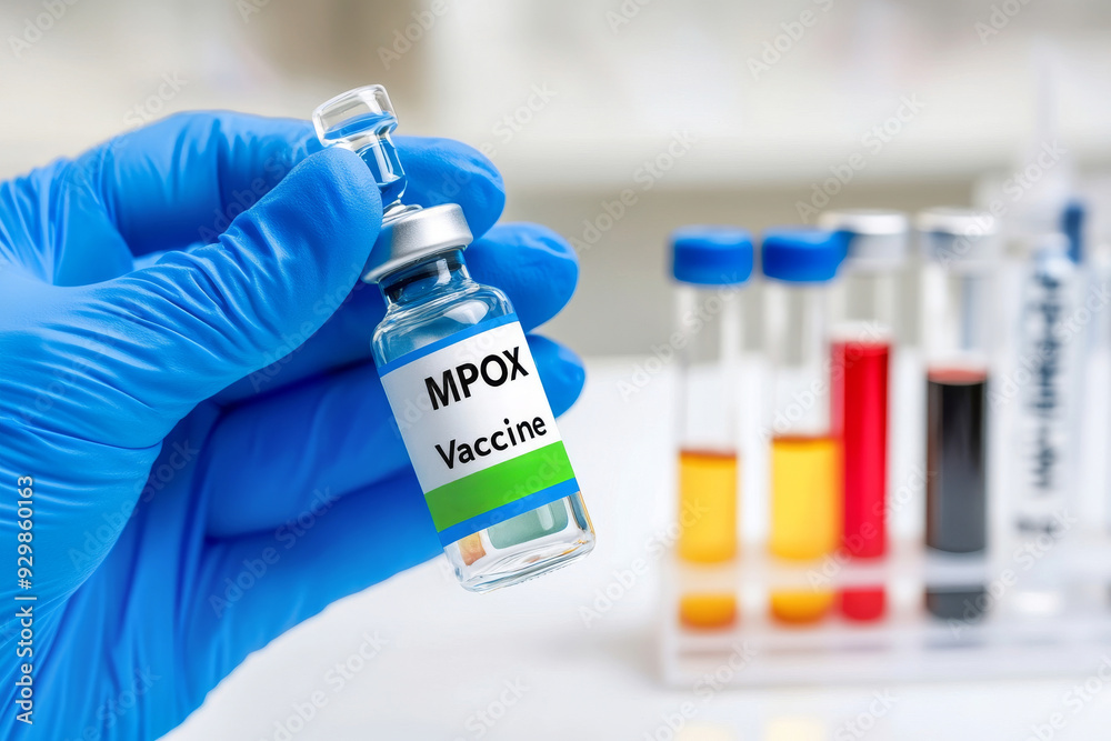 Hand in blue gloves holding a MPOX Vaccine label Hand in blue gloves holding a MPOX Vaccine label