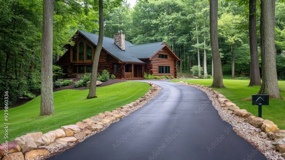 A winding paved driveway leads to a beautiful log cabin home in a forest setting.