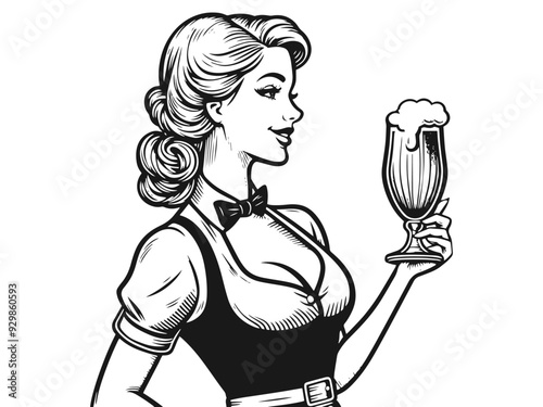 Retro-style illustration of a woman holding two glasses of beer. Vector, generative ai.