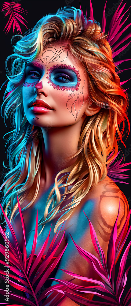 Obraz premium A woman with blue and pink face paint and a green and purple background. The woman is naked and has a flowery background