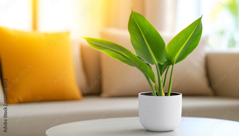 Close-up of a white potted plant on a coffee table in a living room Close-up of a white potted plant on a coffee table in a living room