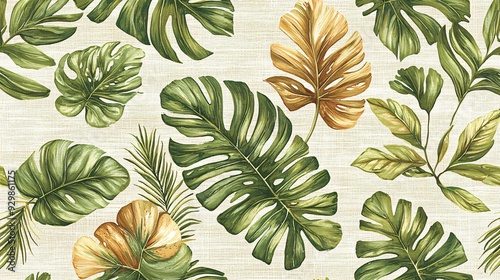 Tropical Leaf Pattern on Linen Background