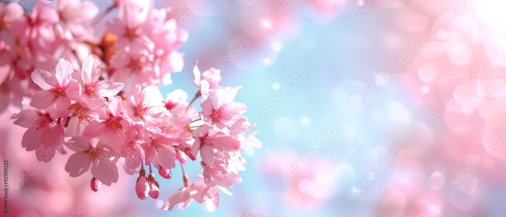 A pink flower, closely framed, on a branch against a blue sky background A pink flower, closely framed, on a branch against a blue sky background