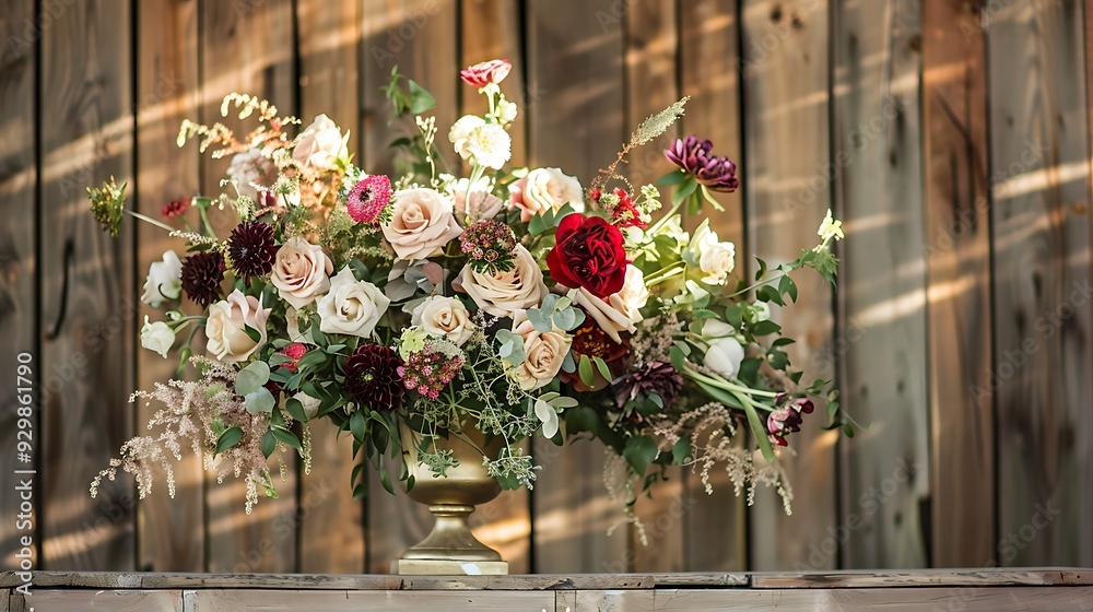 Fototapeta premium Ceremony floral arrangement set against a wooden setting