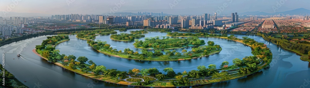 Naklejka premium Aerial view of a city with lush green parks surrounded by water bodies, showcasing urban and natural harmony.