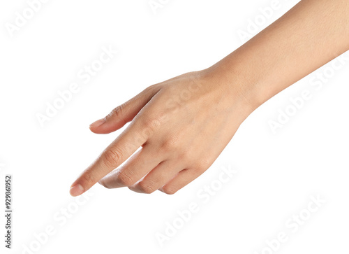 Fotografie woman hand touching or pointing on isolated white background.