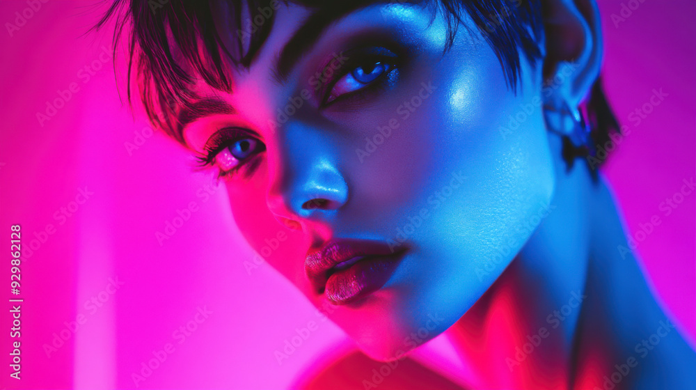 Beautiful woman with short hair, glowing skin and makeup in neon light, close-up portrait, fashion Beautiful woman with short hair, glowing skin and makeup in neon light, close-up portrait, fashion