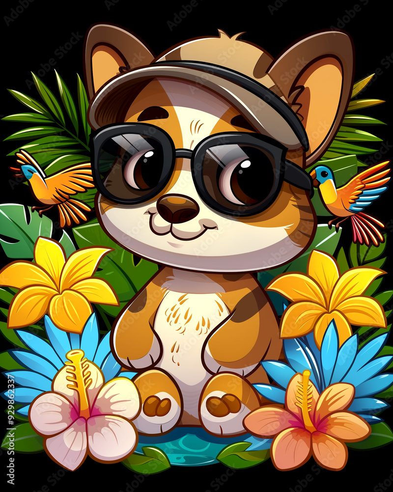A cartoon dog wearing sunglasses and a hat is sitting in a field of flowers. The flowers are yellow and blue, and there are birds in the background. Scene is cheerful and playful A cartoon dog wearing sunglasses and a hat is sitting in a field of flowers. The flowers are yellow and blue, and there are birds in the background. Scene is cheerful and playful
