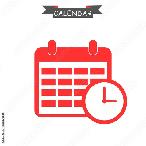 Calendar with clock icon on white background.