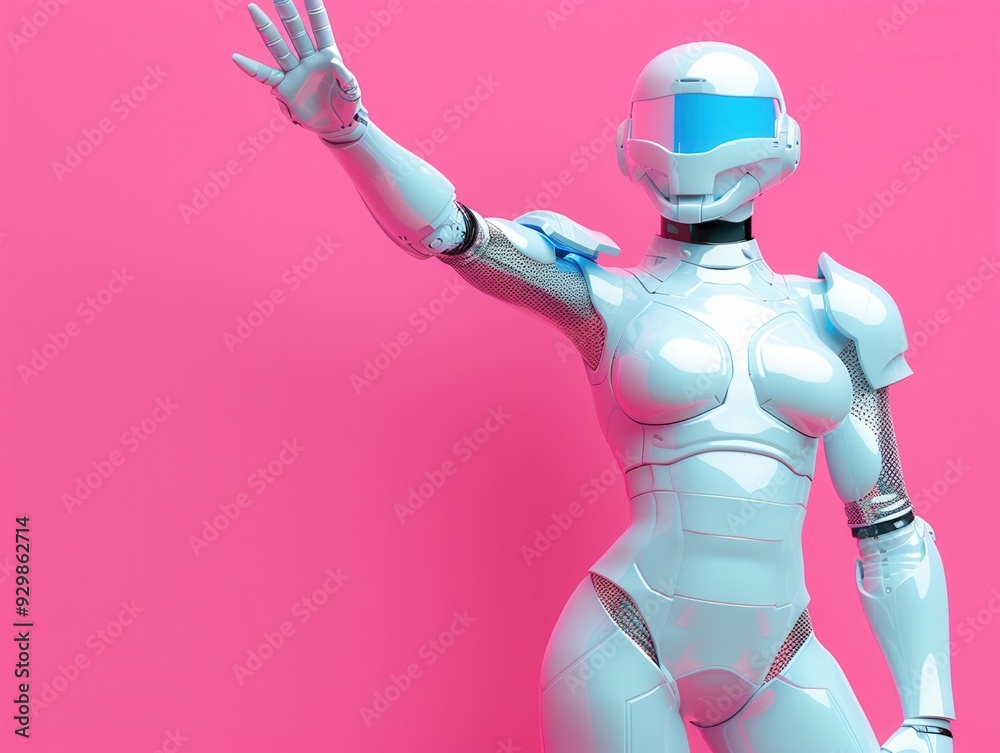 Futuristic female robot with outstretched arm on pink background, representing advanced technology and robotics. Futuristic female robot with outstretched arm on pink background, representing advanced technology and robotics.