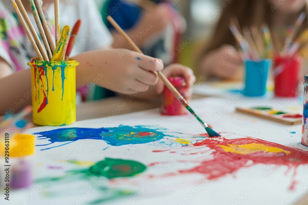 A classroom with students engaged in a hands-on art project, painting and crafting with colorful supplies A classroom with students engaged in a hands-on art project, painting and crafting with colorful supplies