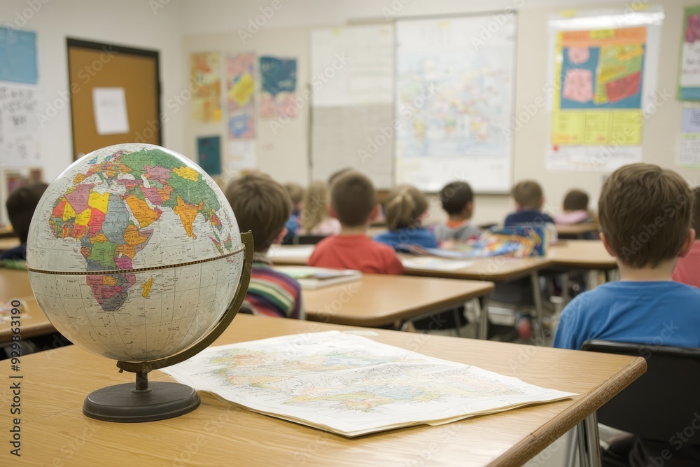 A classroom with students learning about geography using maps, globes, and atlases during a lesson A classroom with students learning about geography using maps, globes, and atlases during a lesson