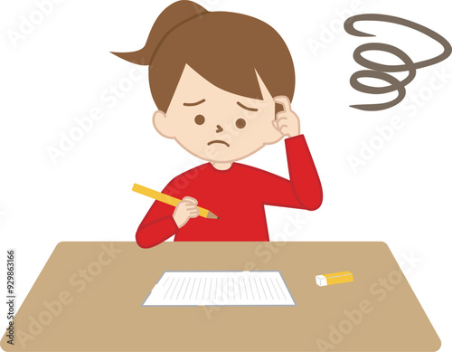 勉強で難しい問題に、悩み考える女の子