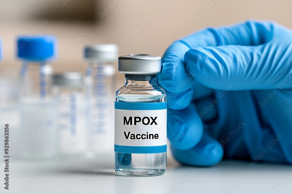 Hand in blue gloves holding a MPOX Vaccine label Hand in blue gloves holding a MPOX Vaccine label