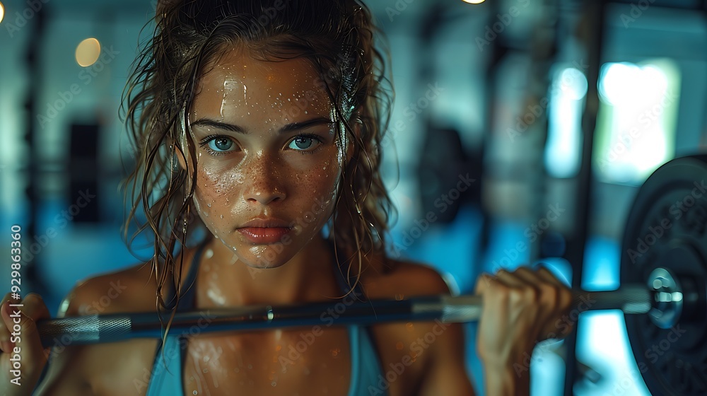 Obraz premium A photograph of a woman performing squats with a barbell. her muscles tense and form perfect. captured in a modern gym with vibrant equipment. intense lighting highlighting her effort. hd quality.