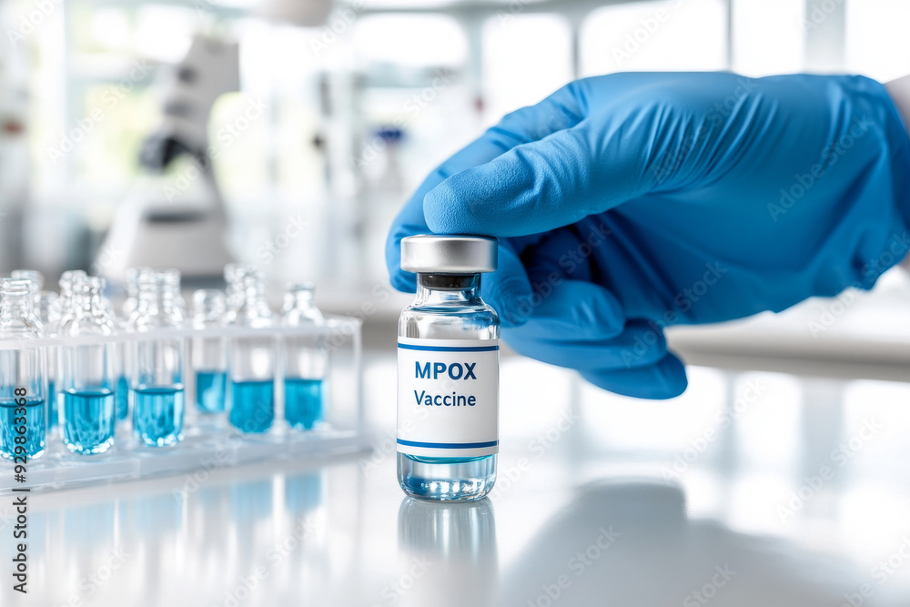 Hand in blue gloves holding a MPOX Vaccine label Hand in blue gloves holding a MPOX Vaccine label
