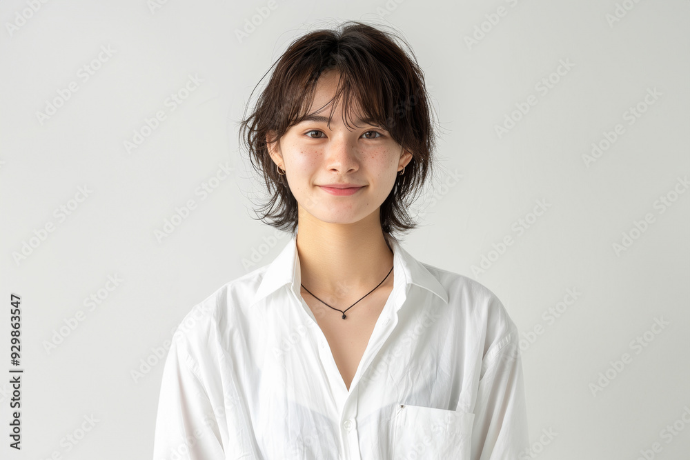 casual portrait features a young woman with straight hair and a soft smile, highlighted by a crisp white shirt and a bright, clean background.