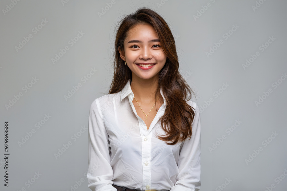 casual portrait features a young woman with straight hair and a soft smile, highlighted by a crisp white shirt and a bright, clean background.