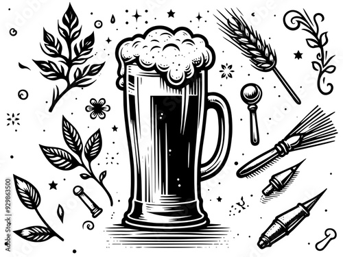 Retro beer mug with frothy top in black and white illustration. Vector, generative ai.