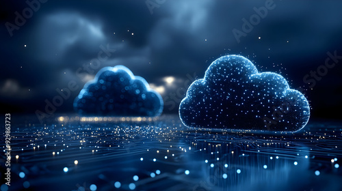 Digital clouds with glowing particles over a circuit-like background.