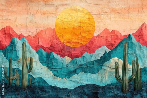 Crumpled paper art depicting cactus plants growing in desert landscape at sunset photo