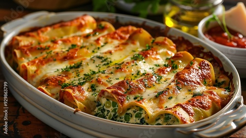 Cheese and creamy peas fill the cannelloni pasta tubes dipped in the sauce